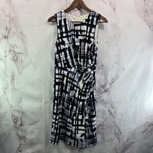 Eliza J Dress Womens 8 Medium Black White Blue Ruched Stretch Tank Lines